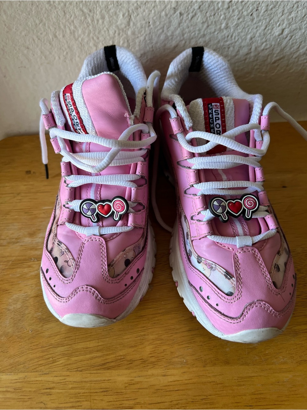 Skechers Girls Pink White Lace-Up Sneakers with Candy Charms